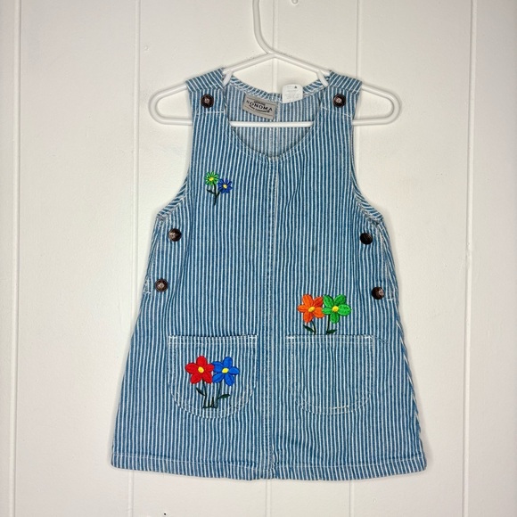VINTAGE 90’s Railroad Stripe Denim Dress Embroidered Floral Buttons Girl’s 2T - Picture 1 of 6